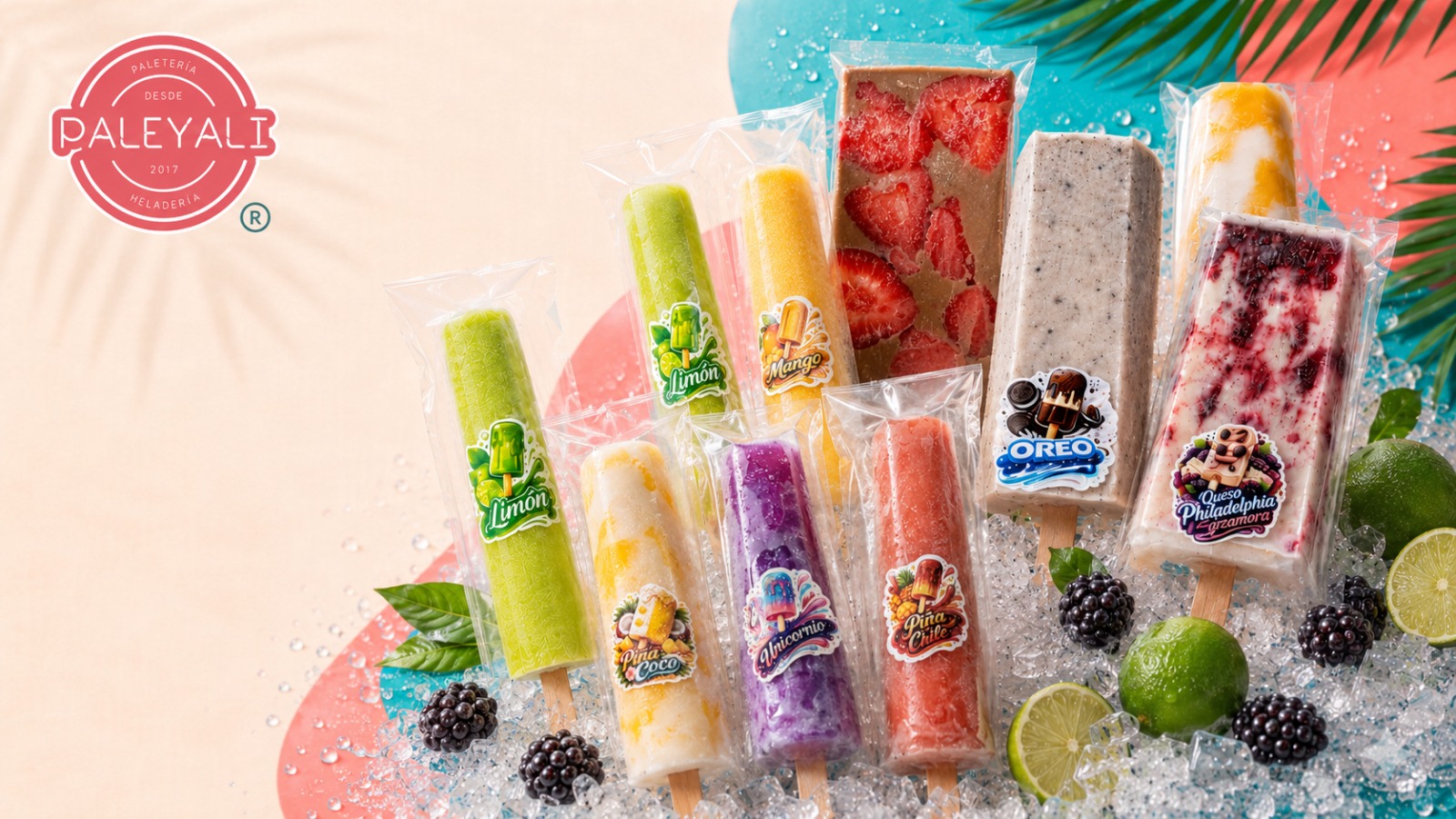Variedad de paletas coloridas en hielera profesional